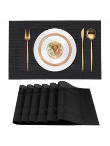 VCVCOO Black Placemats Set of 6 Washable Woven Vinyl Placemats, Easy to Clean Wipeable Plastic Dining Table Mats 12x18 i